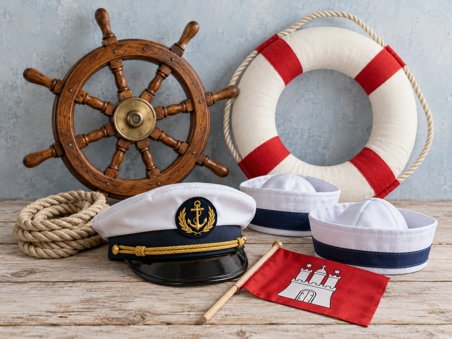 Maritime Requisiten mit Steuerrad, Rettungsring und Seemannsmützen